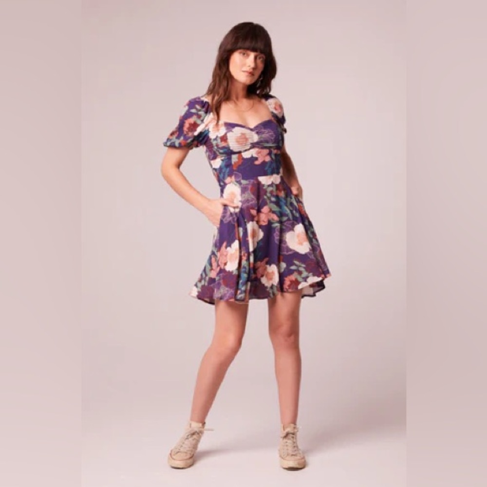 NWT Band Of The Free AIMEE PURPLE FLORAL PUFF SLEEVE MINI DRESS Sweatheart neck